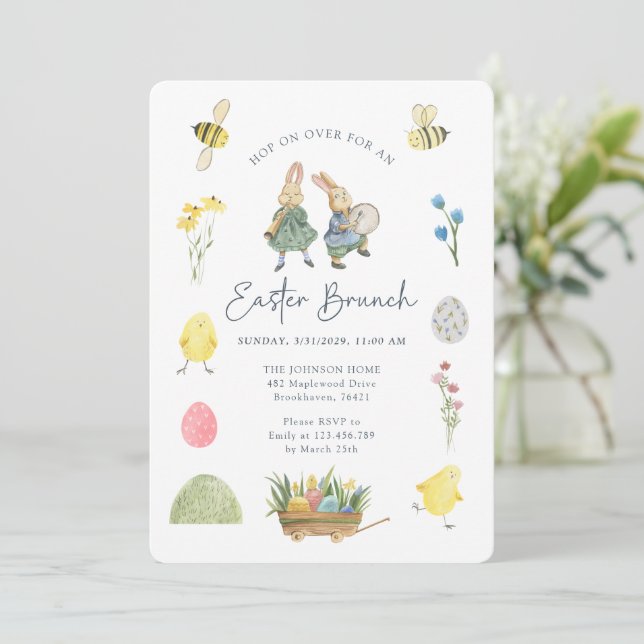 Invitation Aquarelle mignonne, Brunch de Pâques illustratif (Debout devant)