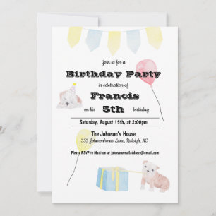 Invitation Aquarelle mignonne Chiot Thème Enfants Anniversair