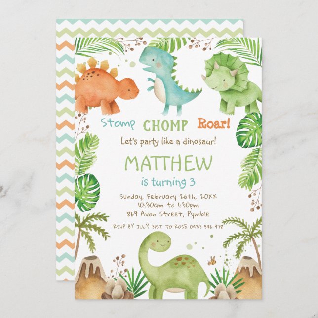 Invitation Aquarelle mignonne Dinosaure Verdure Garçon Annive (Devant / Derrière)