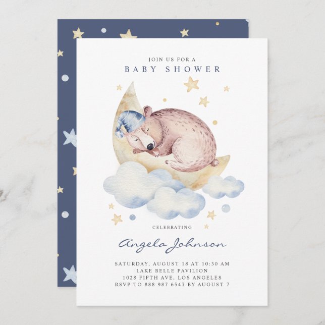 Invitation Aquarelle mignonne dormant Baby shower bébé ours (Devant / Derrière)