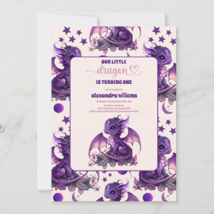 Invitation Aquarelle mignonne Dragon pourpre 1er anniversaire