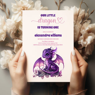 Invitation Aquarelle mignonne Dragon pourpre 1er anniversaire