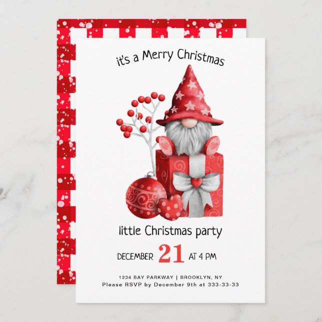 Invitation Aquarelle mignonne Gnomes Petite fête de Noël Inv (Devant / Derrière)