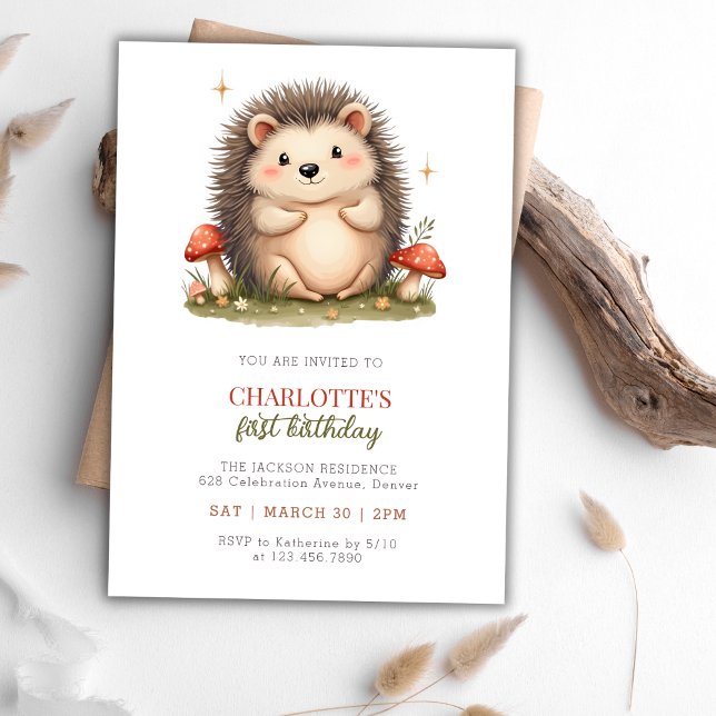Invitation Aquarelle mignonne Hérisson Champignon fête d'anni (Watercolor Cute Hedgehog Mushroom Birthday Party Invitation)