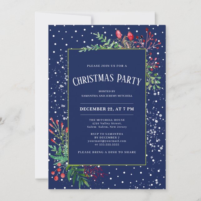 Invitation Aquarelle mignonne Hiver Végétation Bleu Noël (Devant)