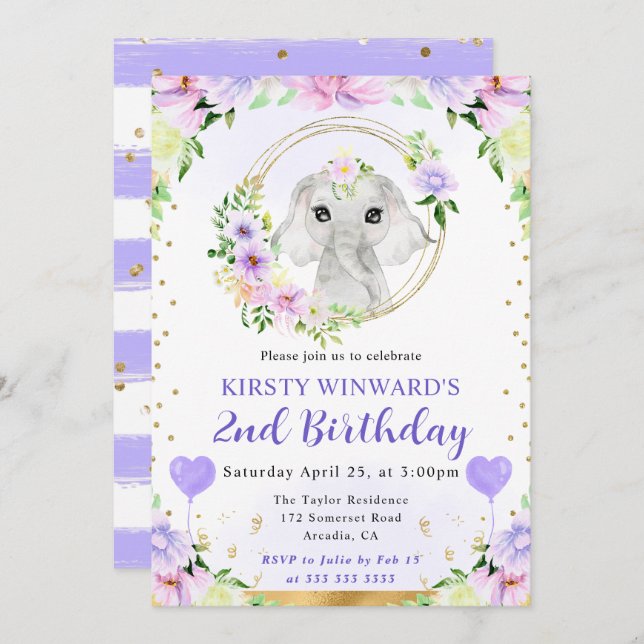 Invitation Aquarelle mignonne Jungle Eléphant Anniversaire de (Devant / Derrière)