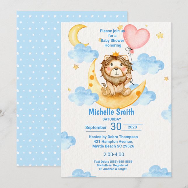 Invitation Aquarelle mignonne King Lion bleu rose (Devant / Derrière)