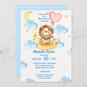 Invitation Aquarelle mignonne King Lion bleu rose