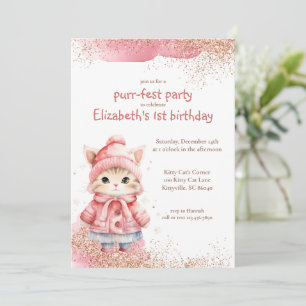 Invitation Aquarelle mignonne Kitty Chat Chat Hiver Anniversa