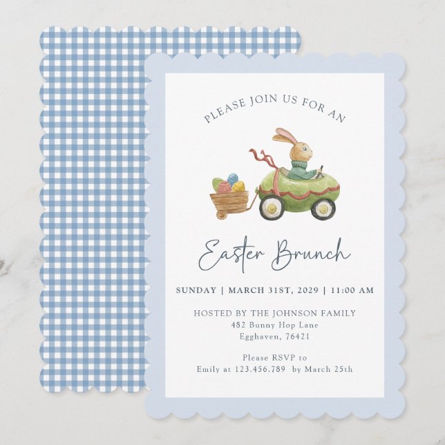 Invitation Aquarelle Mignonne Lapin, Brunch de Pâques Bleu (Devant / Derrière)