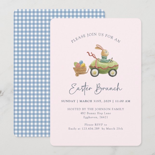 Invitation Aquarelle mignonne lapin, Brunch de Pâques rose (Devant / Derrière)