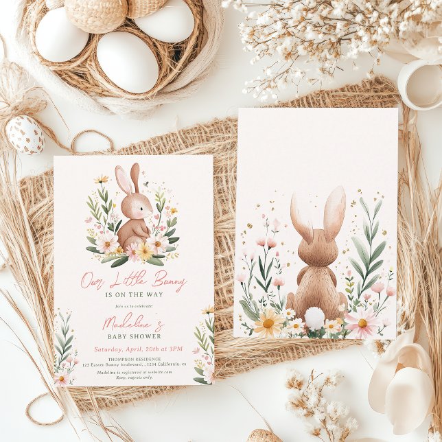 Invitation Aquarelle mignonne Lapin de Pâques Baby shower Flo (Cute Watercolor Easter Bunny Floral Baby Shower Invitation)