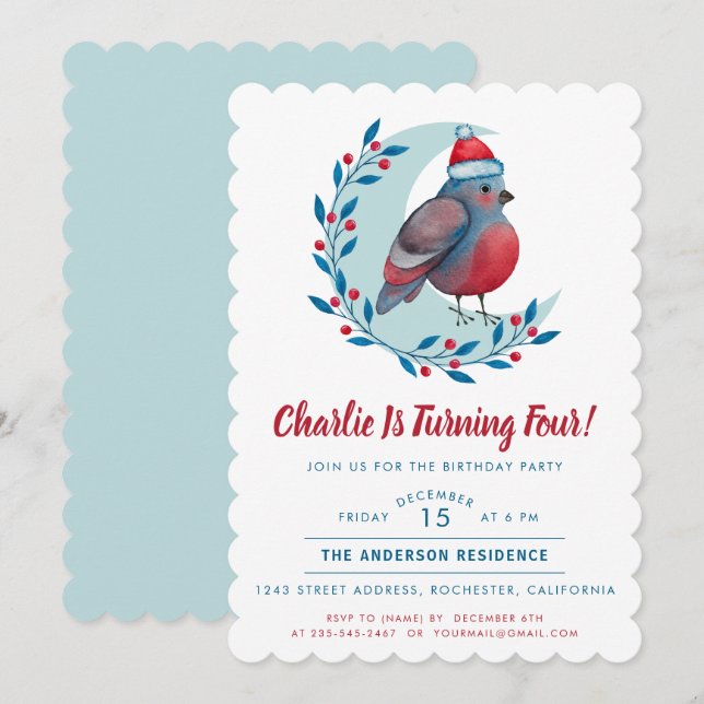 Invitation Aquarelle mignonne Noël Oiseau Enfant fête d'anniv (Devant / Derrière)