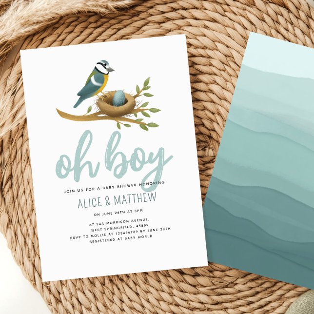 Invitation Aquarelle mignonne Oh Boy Bird Baby shower d'oeufs (Créateur téléchargé)