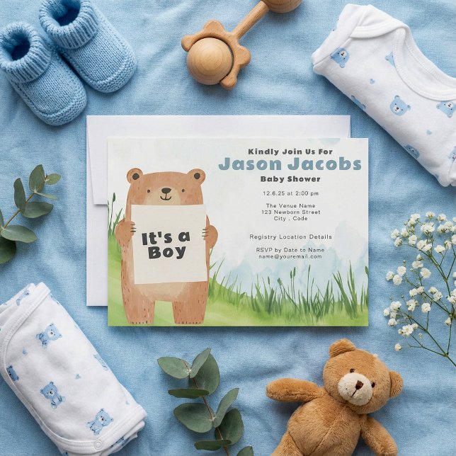 Invitation Aquarelle mignonne Ours C’est un Baby shower garço (Watercolor cute Bear It’s a Boy Baby Shower Invitation)