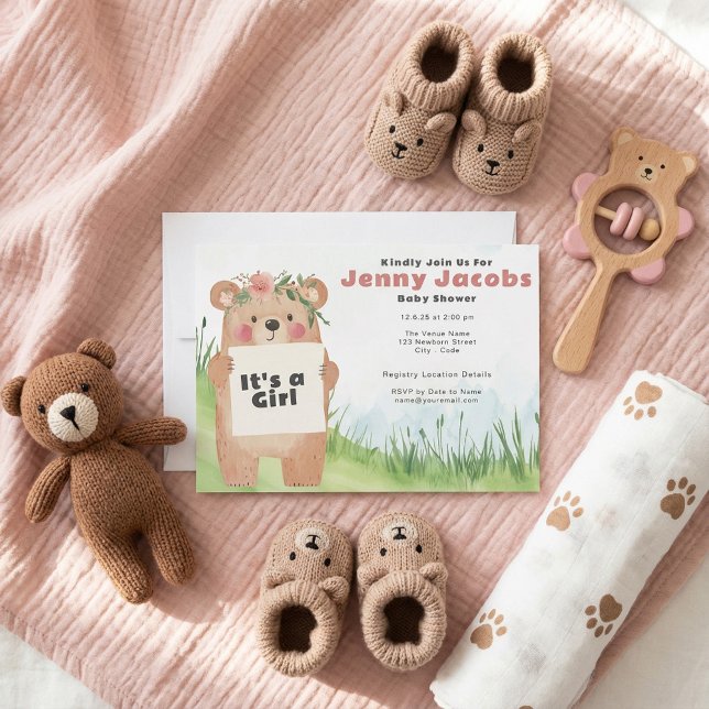 Invitation Aquarelle mignonne Ours C’est une fille Baby showe (Watercolor cute Bear It’s a girl pink Baby Shower Invitation.)