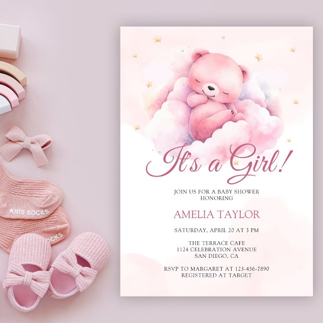 Invitation Aquarelle mignonne Ours rose C'est un Baby shower  (Créateur téléchargé)