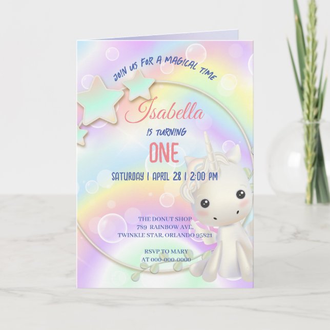 Invitation Aquarelle mignonne pastel Unicorns Arc-en-ciel Ann (Devant)