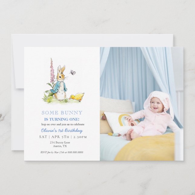 Invitation Aquarelle mignonne Peter Rabbit 1er anniversaire (Devant)