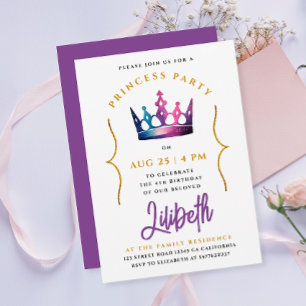 Invitation Aquarelle mignonne princesse Couronne Tiara pourpr