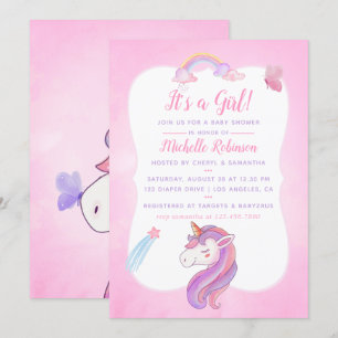Invitation Aquarelle mignonne Rainbow Unicorn Baby Girl Douch