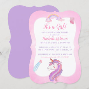 Invitation Aquarelle mignonne Rainbow Unicorn Baby Girl Douch
