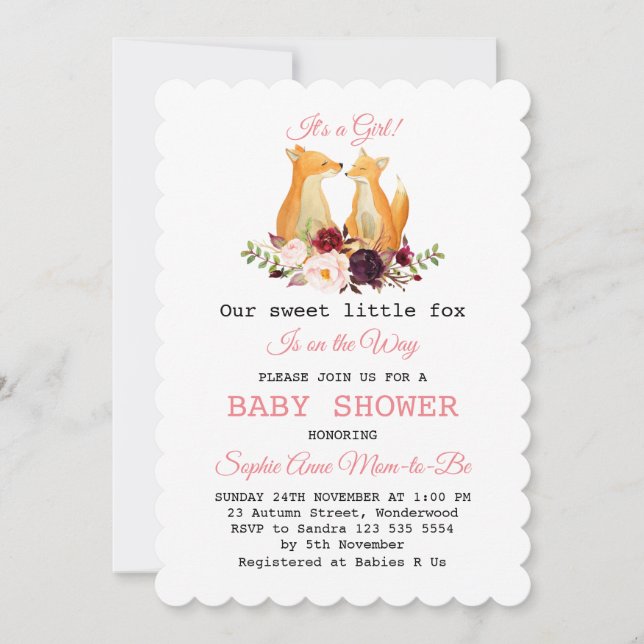 Invitation Aquarelle mignonne Renards Baby shower de fille en (Devant)