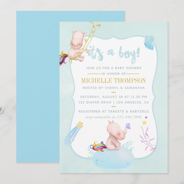Invitation Aquarelle mignonne Rhino Unicorn Baby Boy Douche (Devant / Derrière)