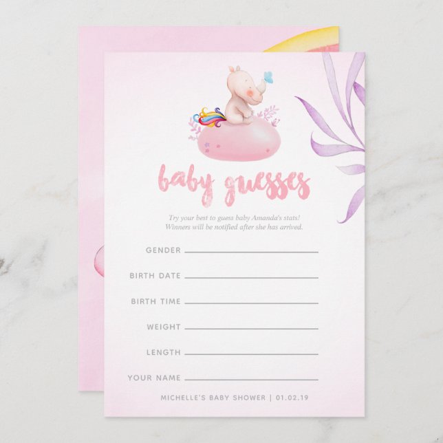 Invitation Aquarelle mignonne Rhino Unicorn Baby Girl Douche  (Devant / Derrière)