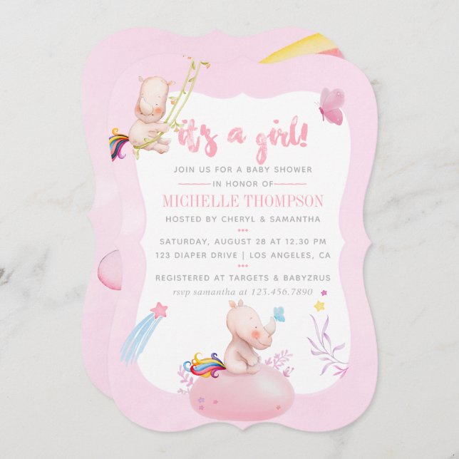 Invitation Aquarelle mignonne Rhino Unicorn Baby Girl Douche (Devant / Derrière)