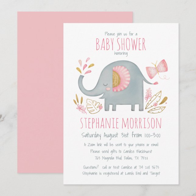 Invitation Aquarelle mignonne rose Eléphant Baby shower fille (Devant / Derrière)