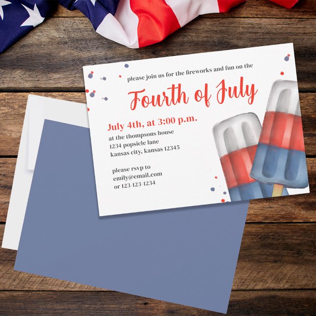 Invitation Aquarelle mignonne Rouge Blanc Bleu 4 juillet (Fourth of July Red, White, and Blue summer party invitation postcard. )