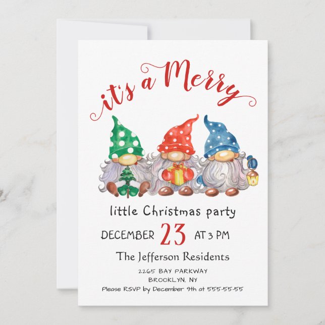 Invitation Aquarelle mignonne Rouge Gnomes Petite fête de Noë (Devant)