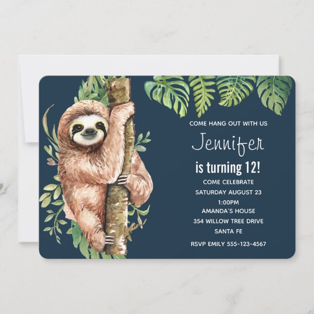 Invitation Aquarelle mignonne Sloth & Feuilles tropicaux Anni (Devant)