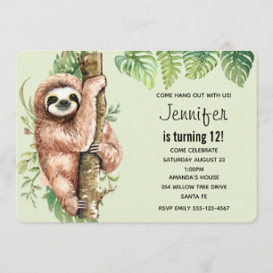 Invitation Aquarelle mignonne Sloth & Feuilles tropicaux Anni