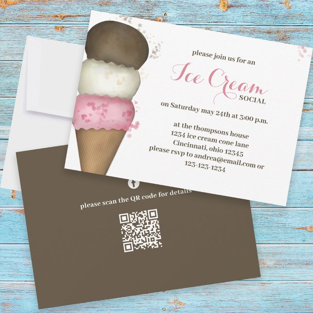 Invitation Aquarelle mignonne Whimsical Glace Cream Social QR (Créateur téléchargé)