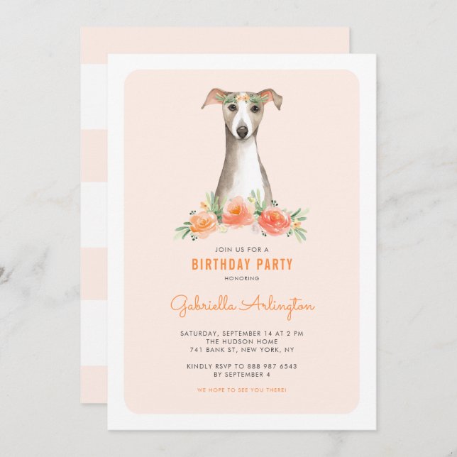 Invitation Aquarelle mignonne Whippet Peach Floral Anniversai (Devant / Derrière)
