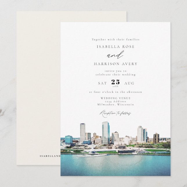 Invitation Aquarelle Milwaukee Wisconsin Skyline Mariage (Devant / Derrière)