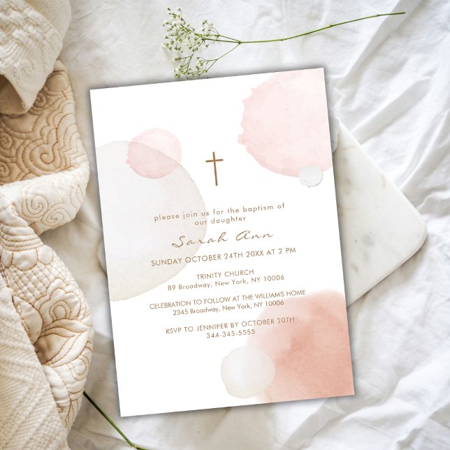 Invitation Aquarelle minimale Boho Gold Cross Baptême (Minimal Watercolor Boho Gold Cross Baptism Invitation)