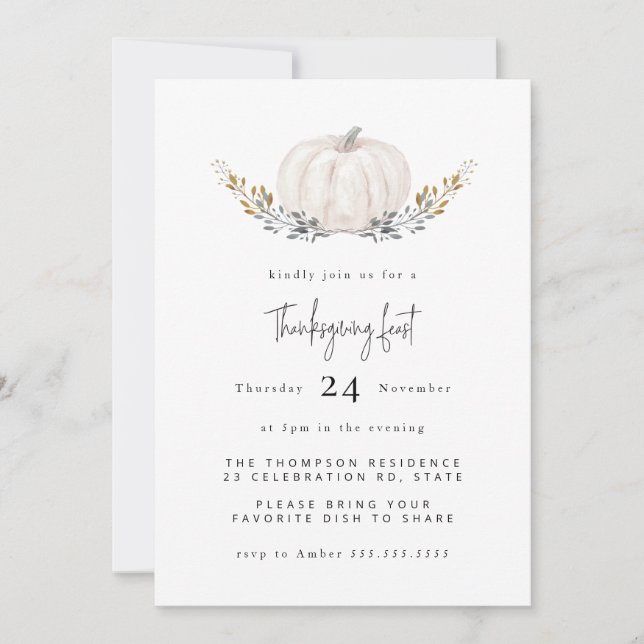 Invitation Aquarelle minimale Citrouille Foliage Thanksgiving (Devant)