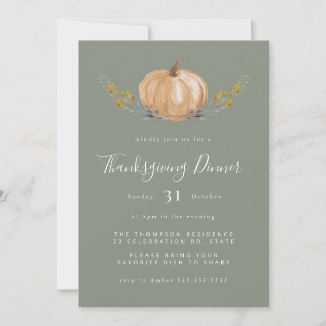 Invitation Aquarelle minimale Citrouille Halloween Sage Green (Devant)