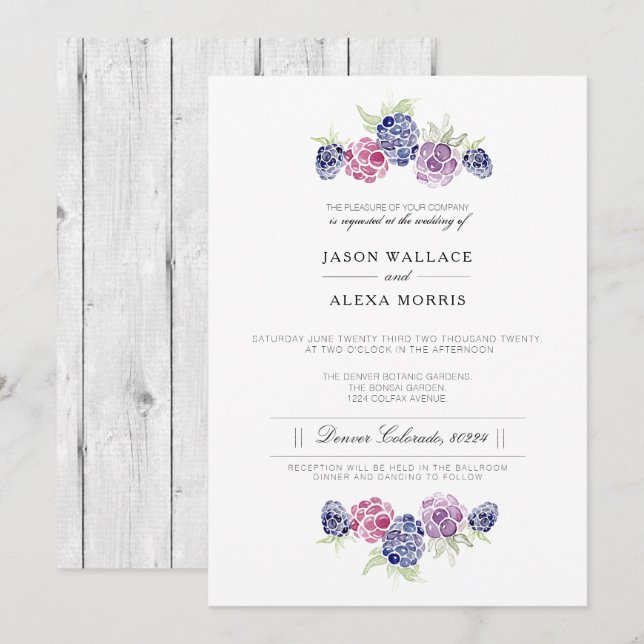 Invitation Aquarelle minimaliste Blackberry | Mariage élégant (Devant / Derrière)