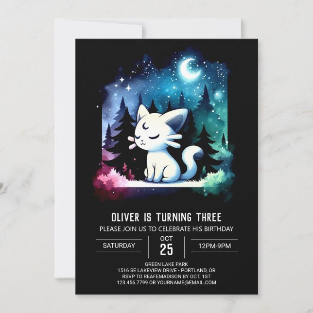 Invitation Aquarelle minimaliste Chat Anniversaire (Devant)