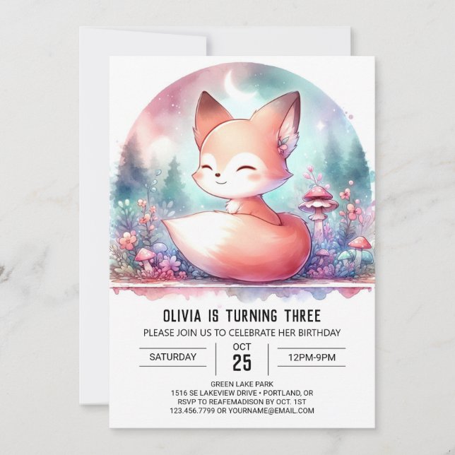 Invitation Aquarelle minimaliste Fox Anniversaire numérique (Devant)