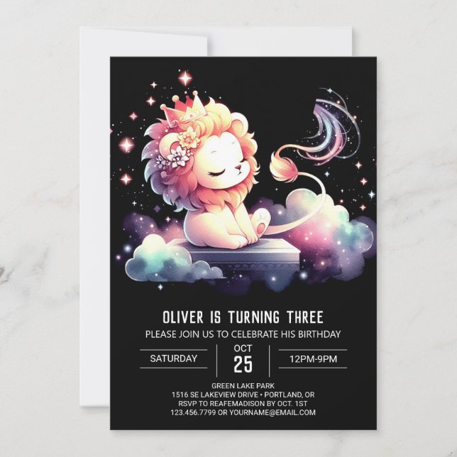 Invitation Aquarelle minimaliste Lion Anniversaire (Devant)