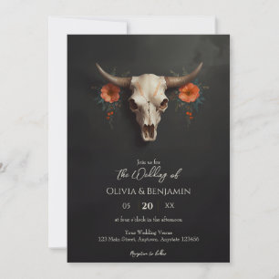 Invitation Aquarelle minimaliste Mariage crâne de vache flora