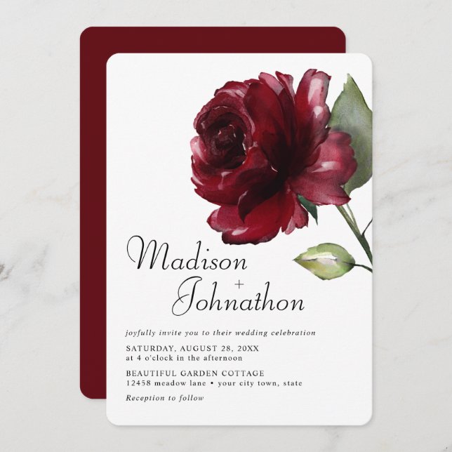 Invitation Aquarelle minimum Mariage de rose rouge foncé bord (Devant / Derrière)
