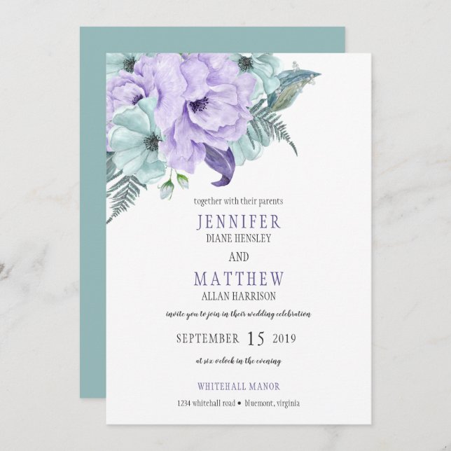 Invitation Aquarelle Mint Lavender Purple Peony Mariage (Devant / Derrière)