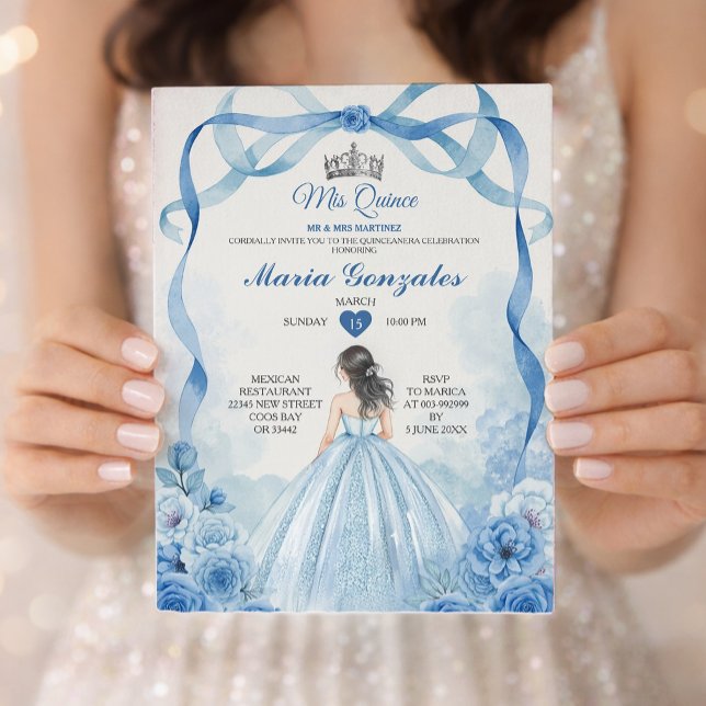 Invitation Aquarelle Mis Quince Dusty Blue Quinceañera (Créateur téléchargé)