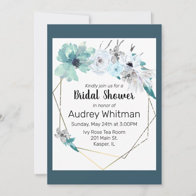 Invitation Aquarelle Mist Blue Grey Turquoise Floral Gold Fra (Devant)